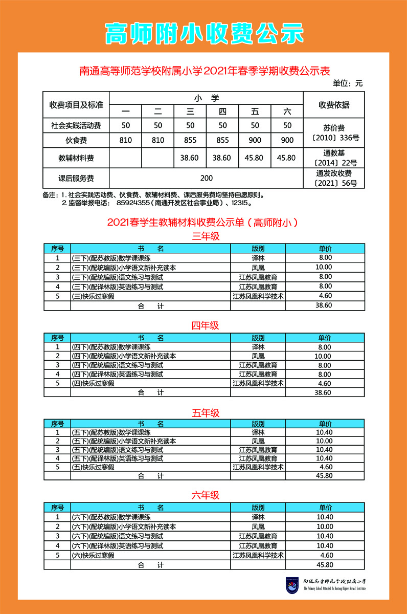 2020-2021学年度第二学期学生收费公示