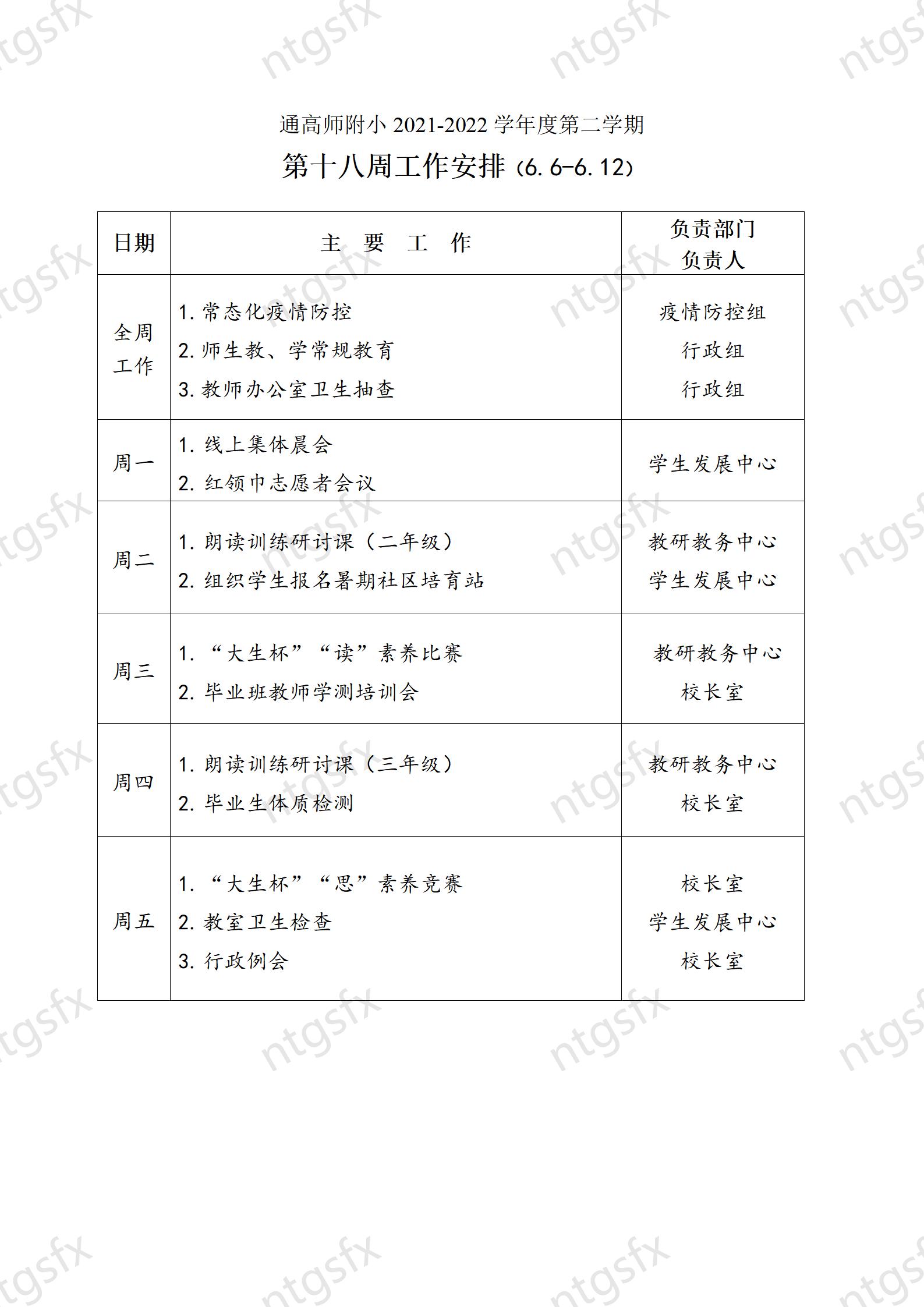 【2021-2022学年度第二学期】第18周工作安排