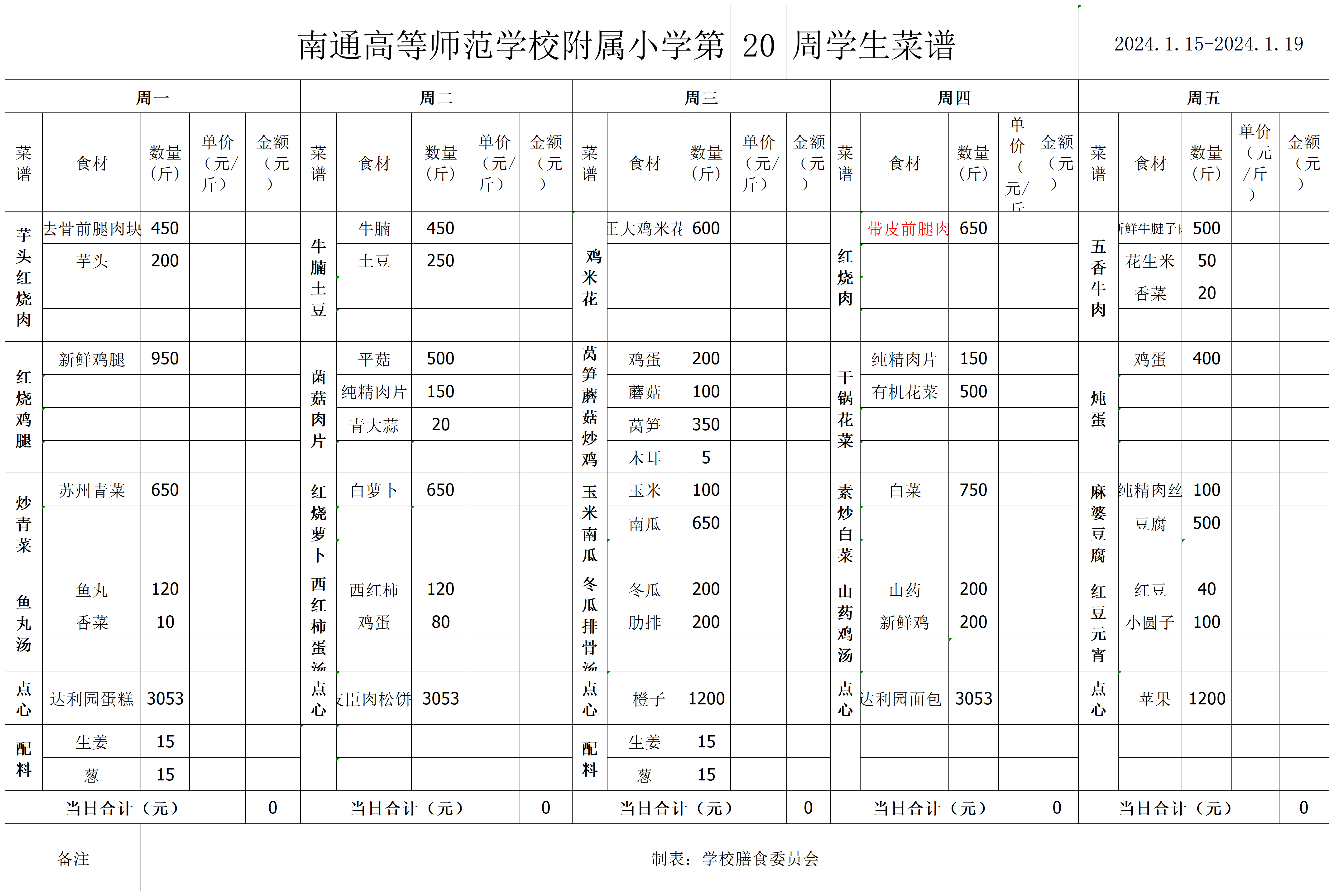 2023-2024    高师附小第一学期   第20周 学生菜谱