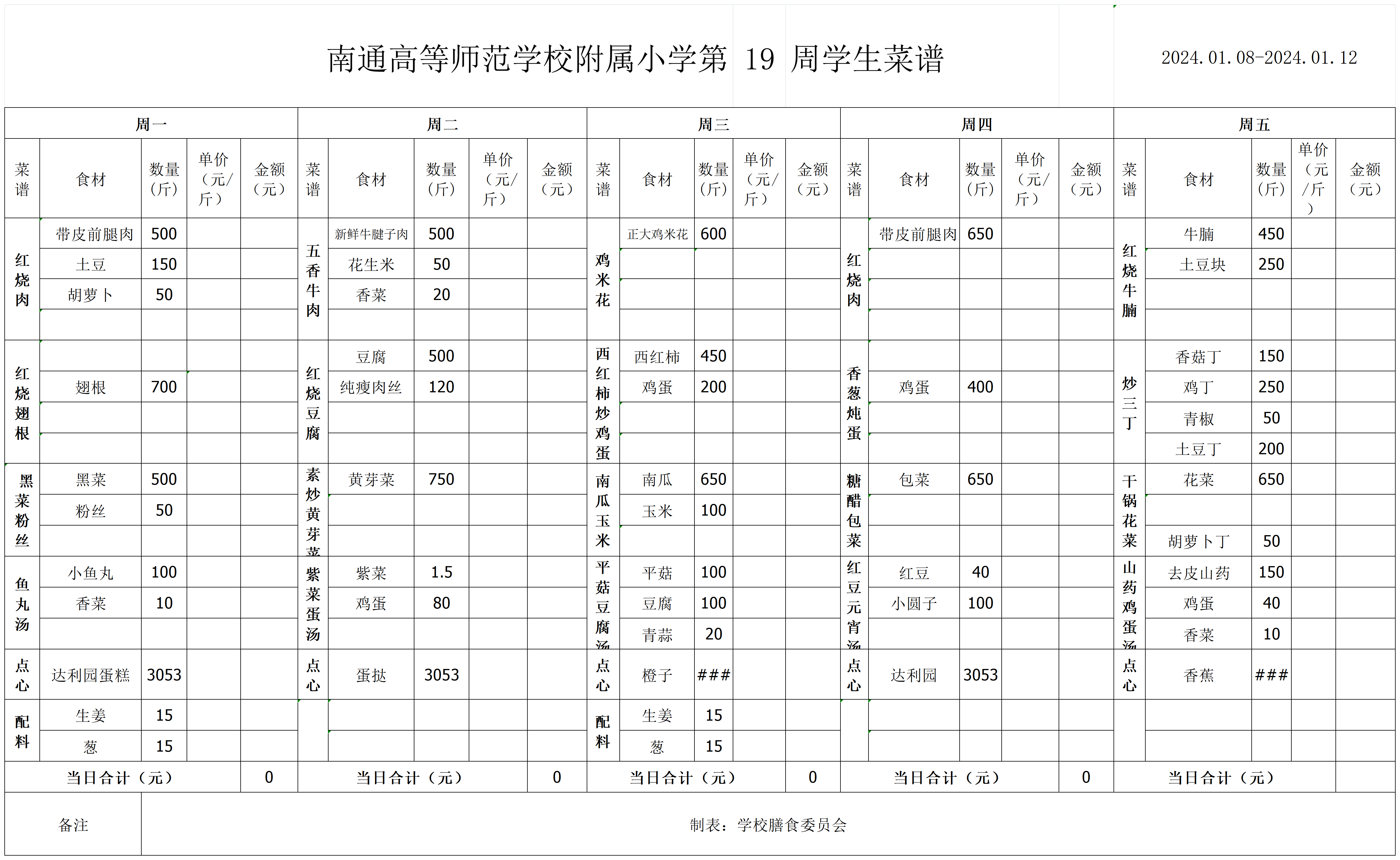 2023-2024    高师附小第一学期 第19周 学生菜谱