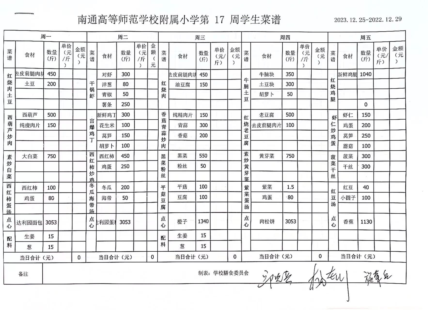 2023-2024    高师附小第一学期 第17周学生菜谱