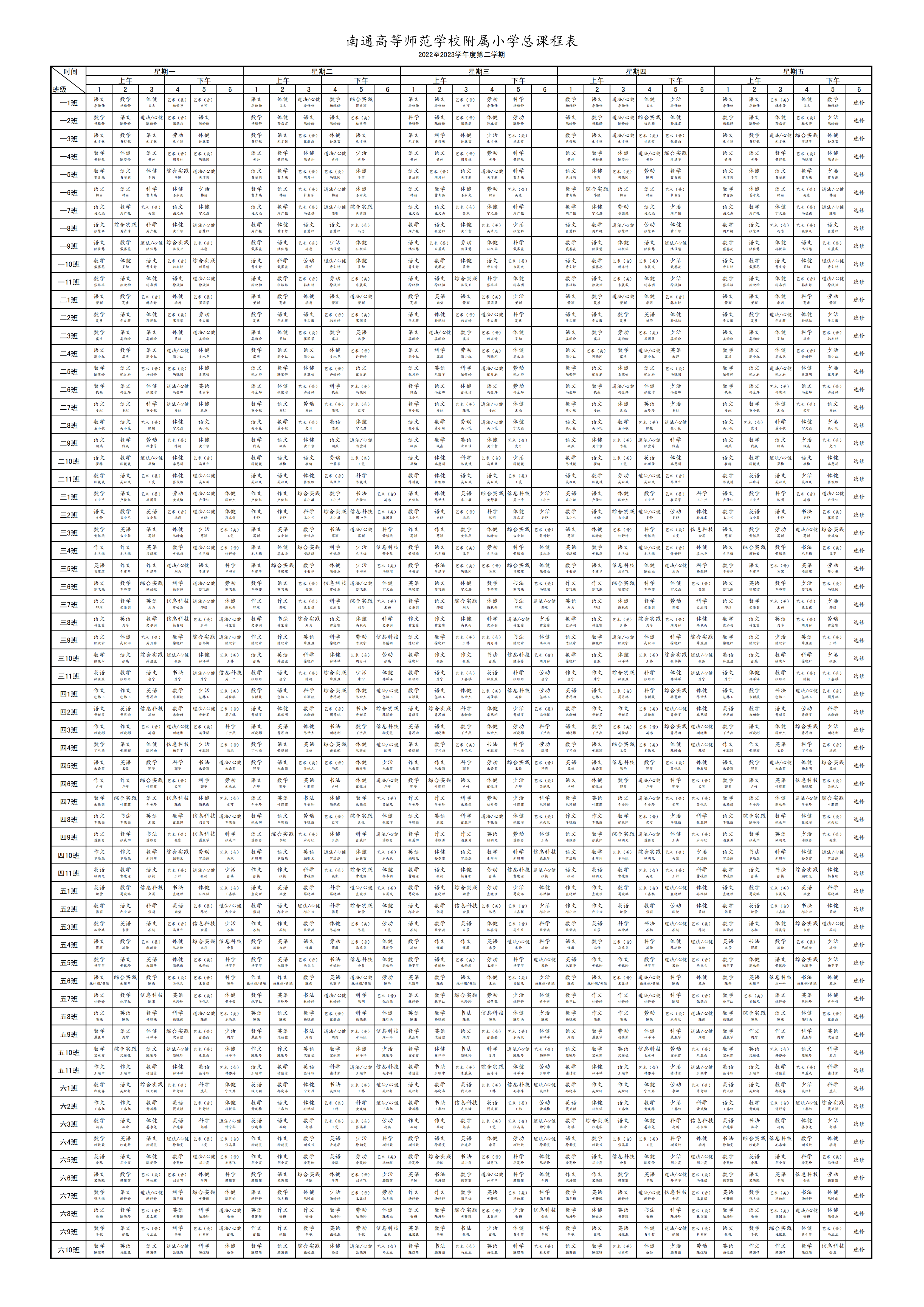 2022-2023学年度第二学期总课表