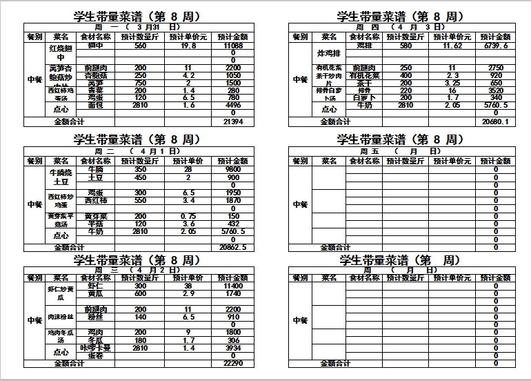 2024-2025学年度第二学期第八周带量菜单