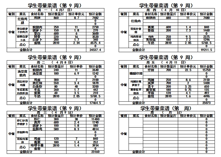 2024-2025学年度第二学期第九周带量菜单