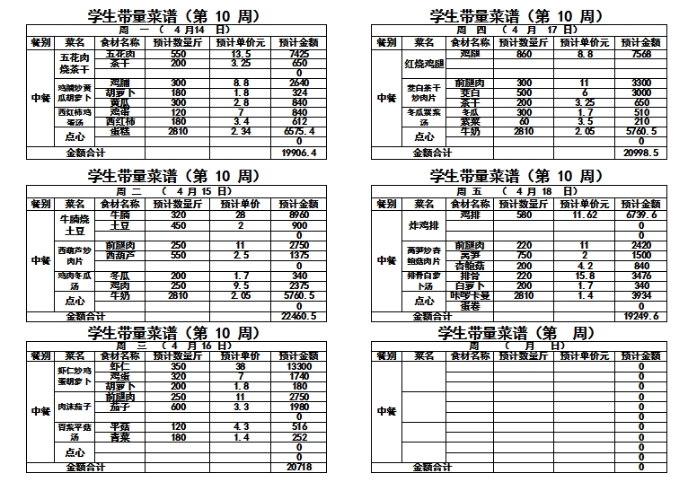 2024-2025学年度第二学期第十周带量菜单