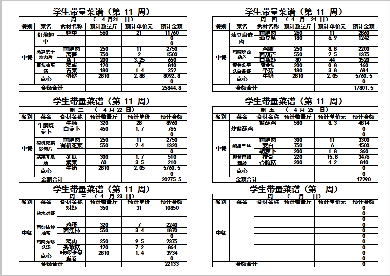 2024-2025学年度第二学期第十一周带量菜单